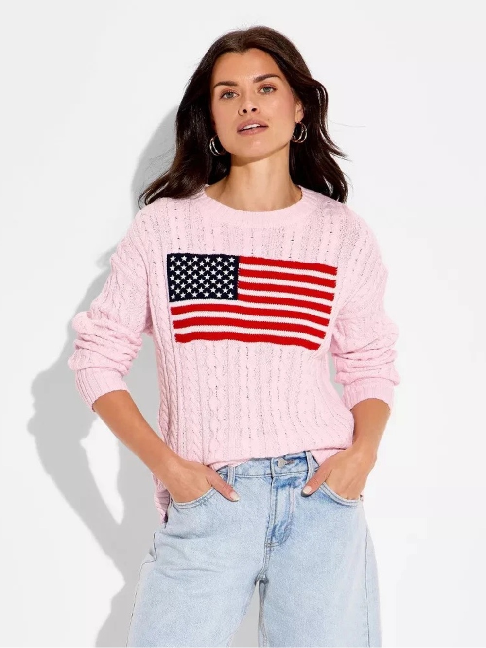 🇺🇸NWOT Wild Fable Women’s Pink Cable Knit Crewneck Oversized Flag Sweater | L